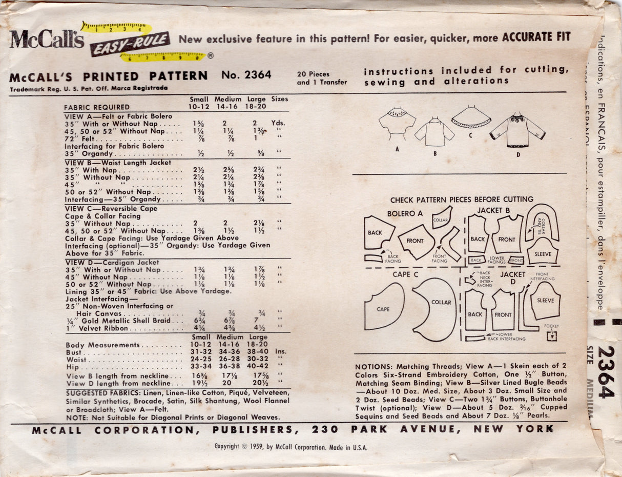 1950's McCall's Bolero Jacket and Capelet Pattern - Bust 34-36" - No. 2364