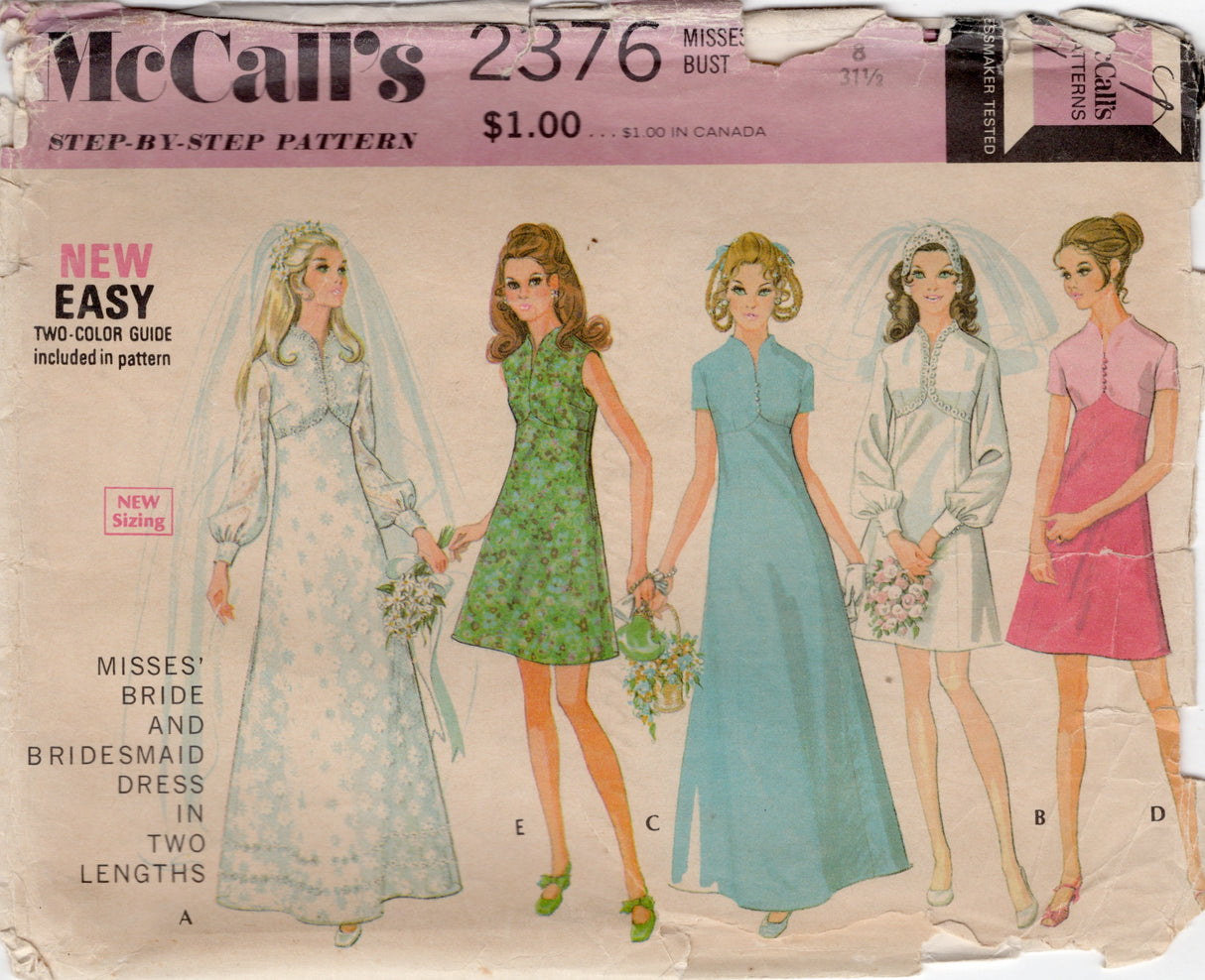 1970's McCall's Empire Waist Wedding Dress or Bridesmaid Dress Pattern - Bust 31.5" - No. 2376