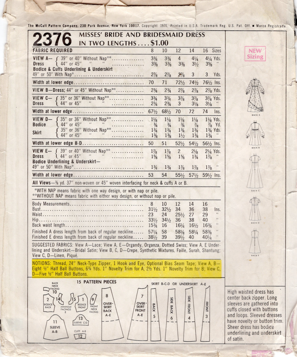 1970's McCall's Empire Waist Wedding Dress or Bridesmaid Dress Pattern - Bust 31.5" - No. 2376