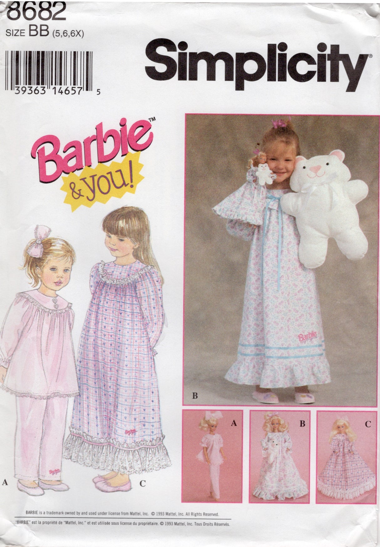 1990's Simplicity "Barbie & You" Pajamas & Nightgown and Bear Pattern for Child and Barbie - Chest 24-25.5" - No. 8682