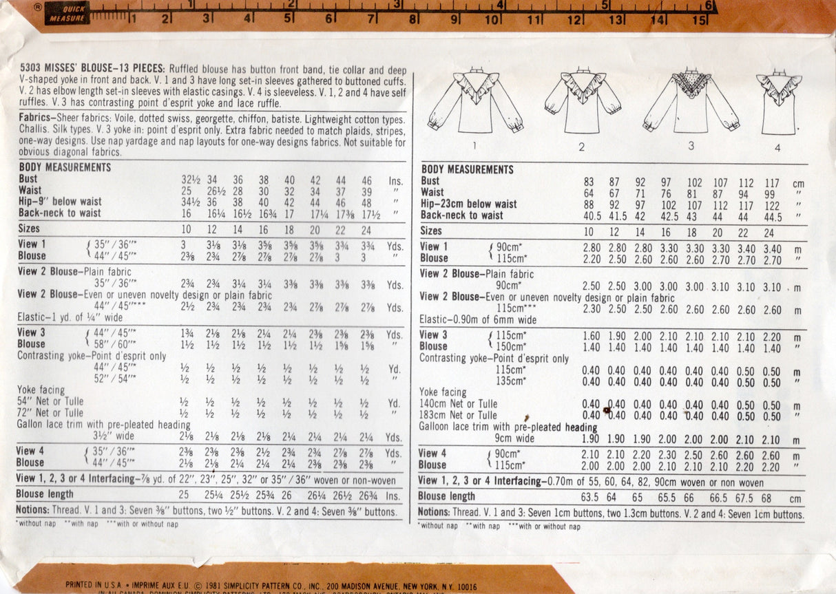 1980's Simplicity Yoked Button Up Blouse with Large Ruffle - Bust 38" - No. 5303