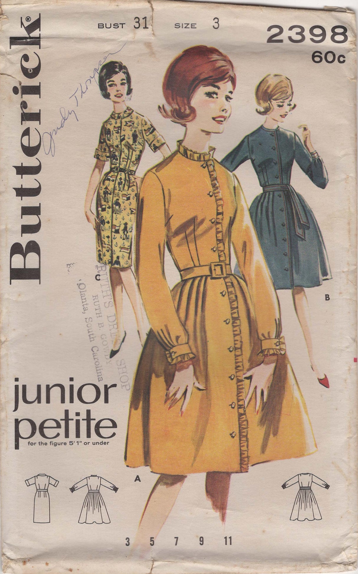 1960’s Butterick Button Up Fit and Flare or Sheath Dress Pattern - Bust 31" - No. 2398