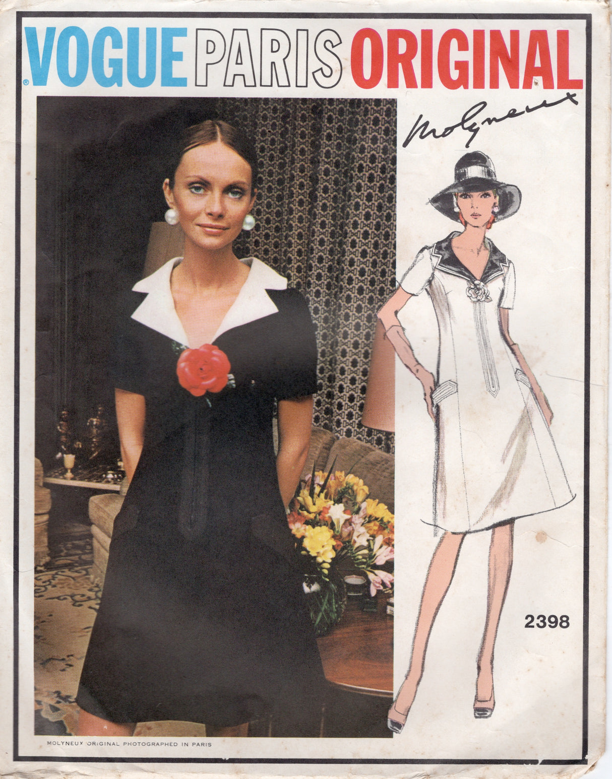 1970's Vogue Paris Original Princess Seam Zip-Front A-line Dress Pattern with Detachable Collar - MOLYNEUX - Bust 34" - No. 2398