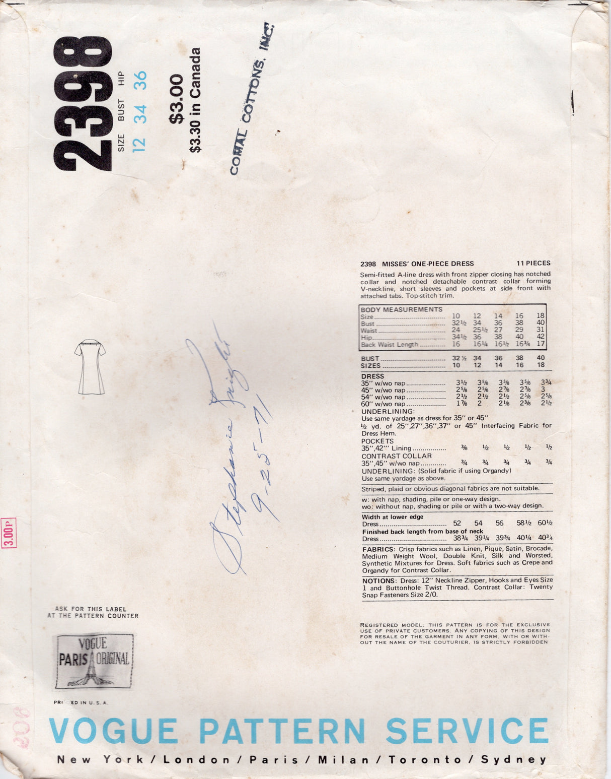 1970's Vogue Paris Original Princess Seam Zip-Front A-line Dress Pattern with Detachable Collar - MOLYNEUX - Bust 34" - No. 2398