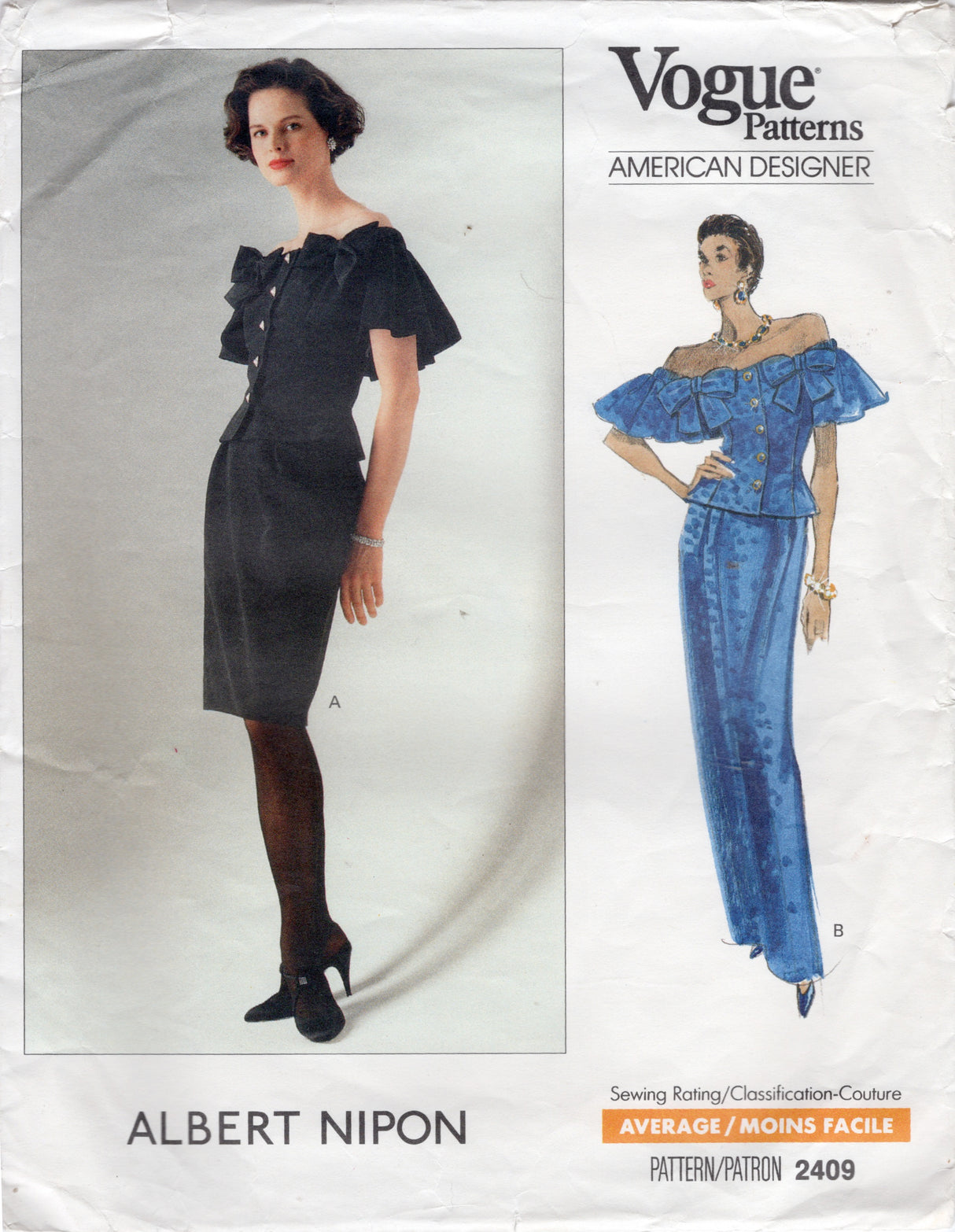 1980's Vogue American Designer Oversize Two Piece Dress with Large Ruffle and Bows Pattern - Albert Nipon - Bust 34" - No. 2409