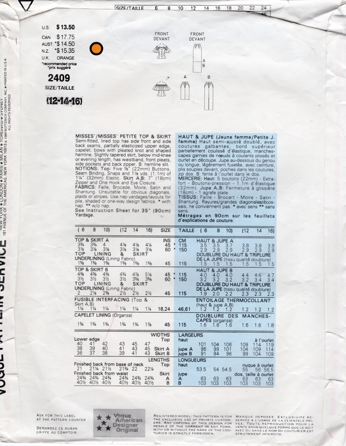 1980's Vogue American Designer Oversize Two Piece Dress with Large Ruffle and Bows Pattern - Albert Nipon - Bust 34" - No. 2409