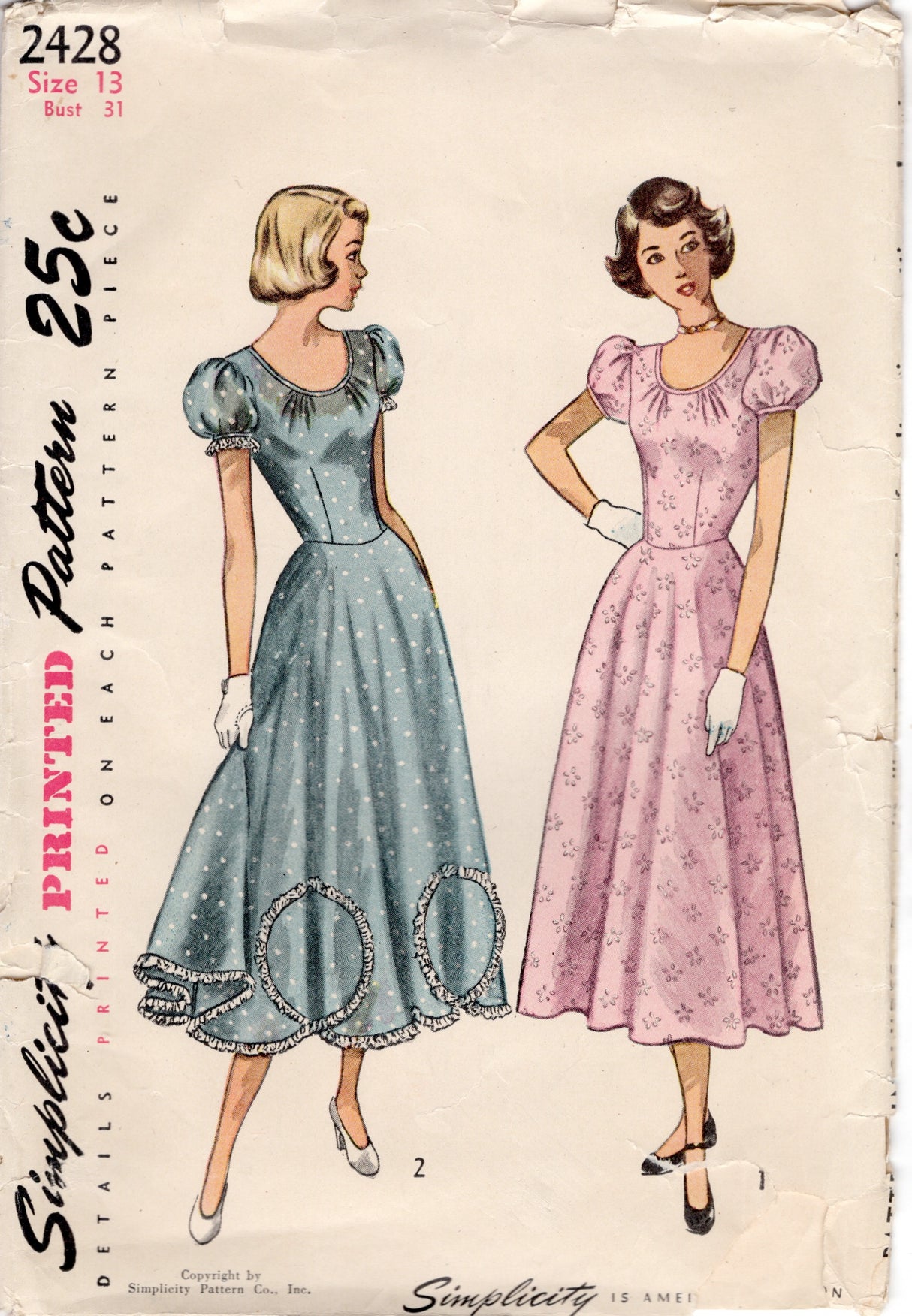 1940's Simplicity Scoop Neckline Dress Pattern with Optional Scallop skirt - Bust 31" - No. 2428