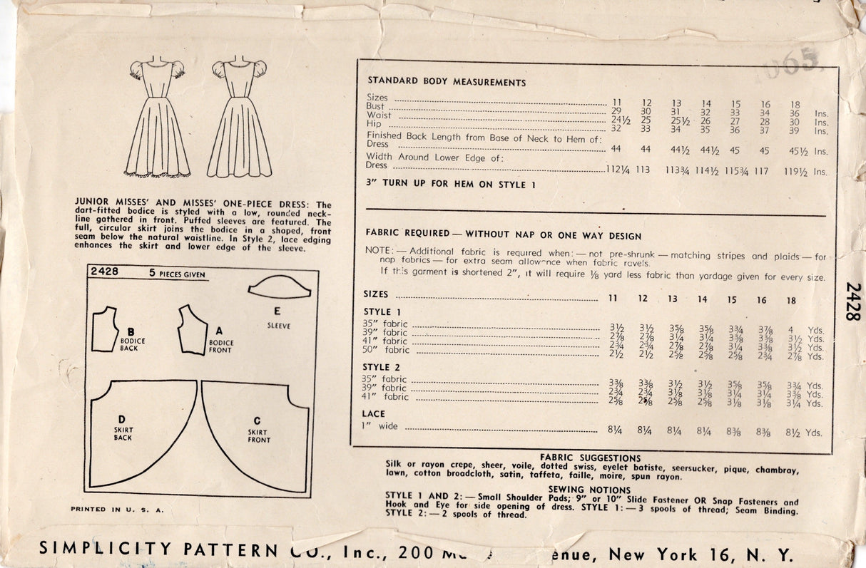 1940's Simplicity Scoop Neckline Dress Pattern with Optional Scallop skirt - Bust 31" - No. 2428