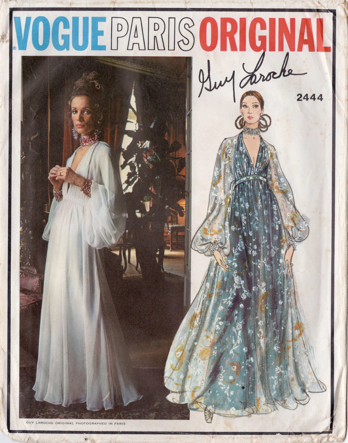 1970's Vogue Paris Original Deep V-neck Evening Gown Pattern - Guy Laroche - Bust 34" - No. 2444