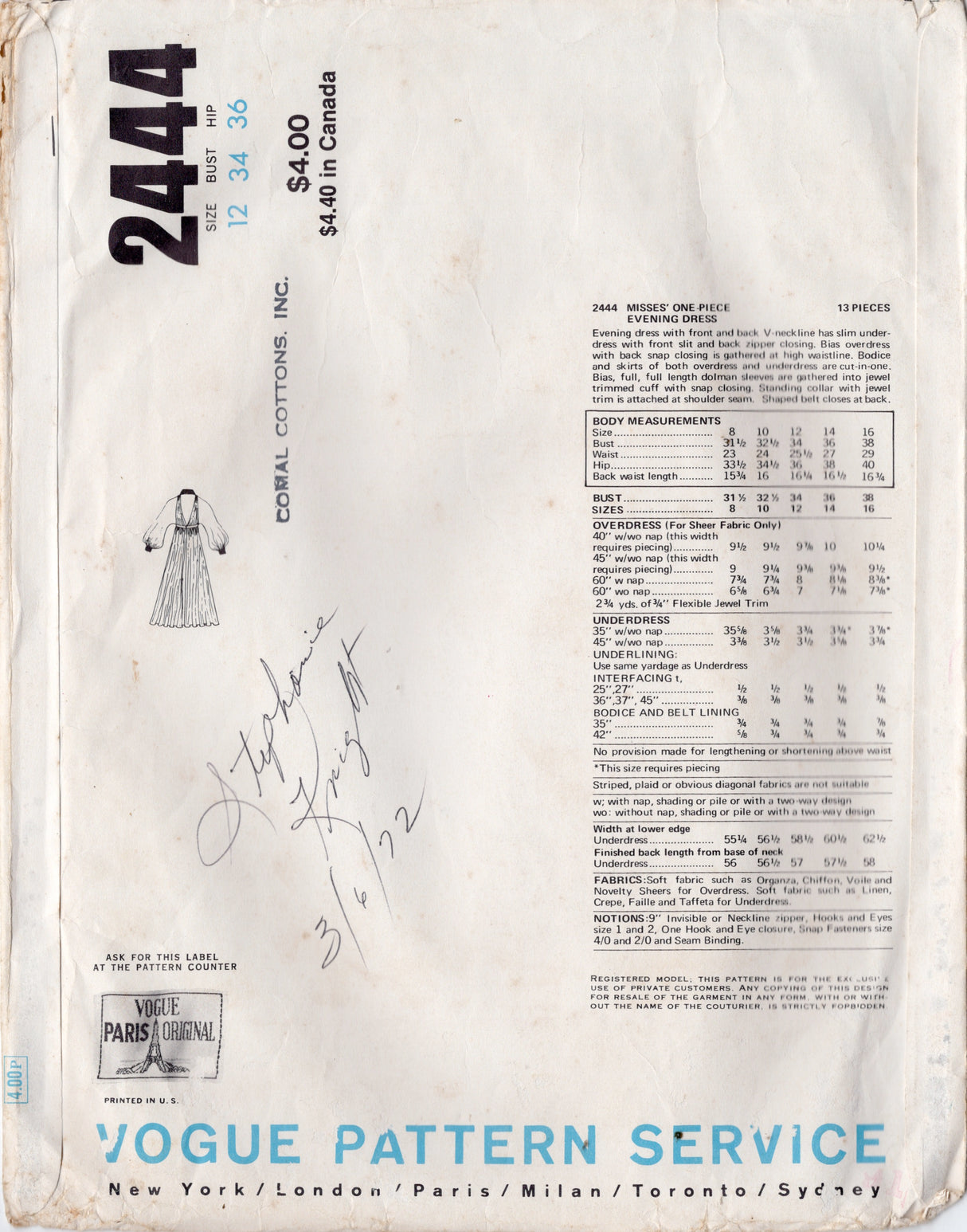 1970's Vogue Paris Original Deep V-neck Evening Gown Pattern - Guy Laroche - Bust 34" - No. 2444