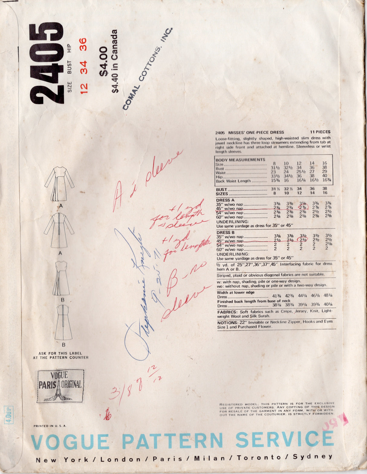 1970's Vogue Paris Original High Waisted Slim Dress Pattern with Loop detail - Pierre Cardin - Bust 34" - No. 2405