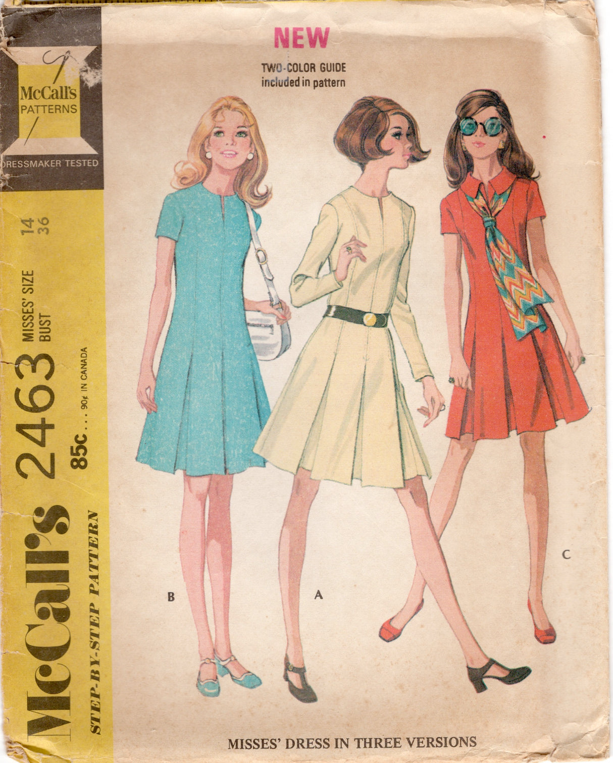 1970's McCall's Princess line Midi Dress Pattern with Inverted Pleats - Bust 36" - No. 2463