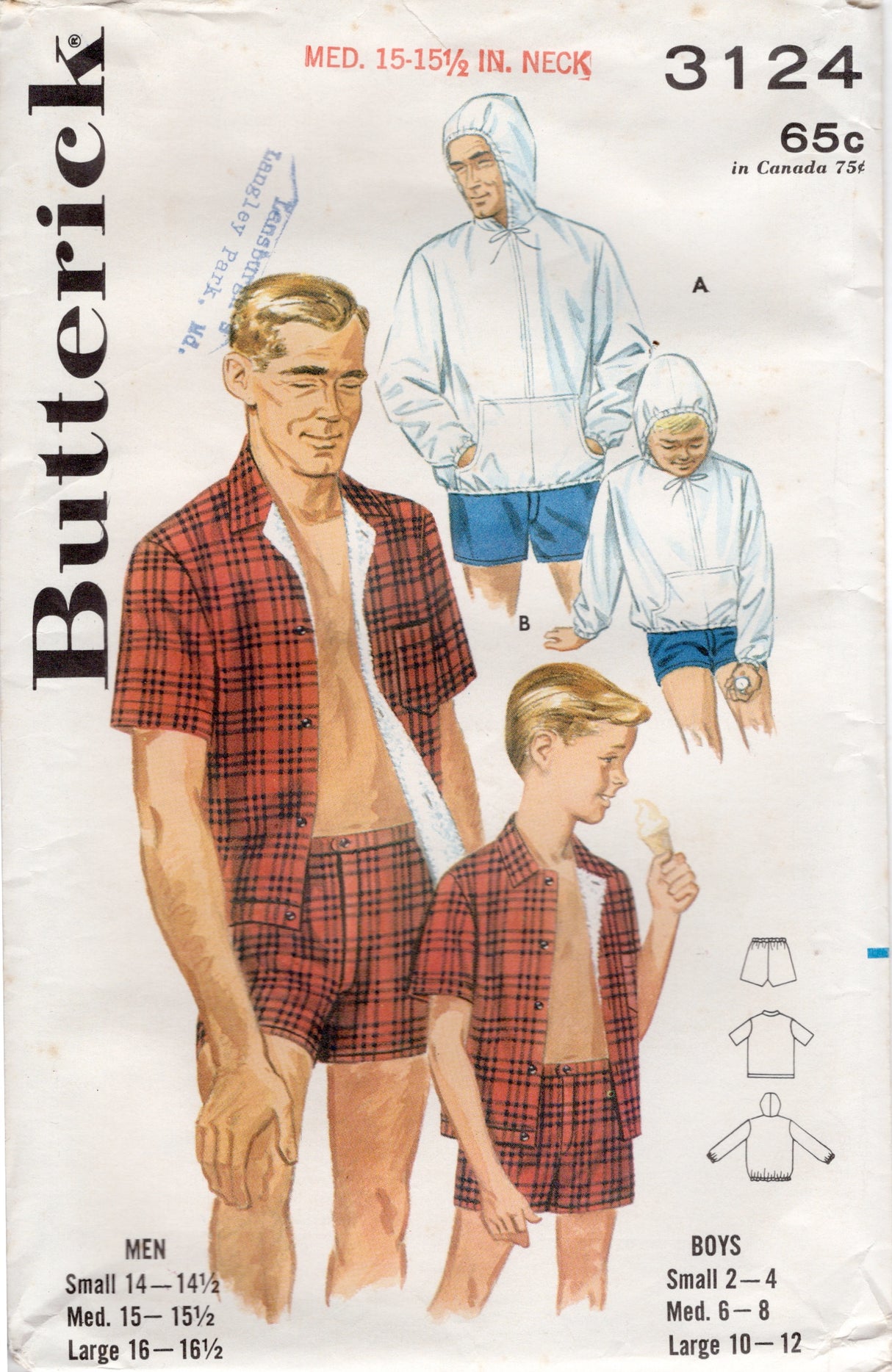 1960's Butterick Men's Sportswear Hoodie and Shorts pattern - Chest 38-40" - No. 3124