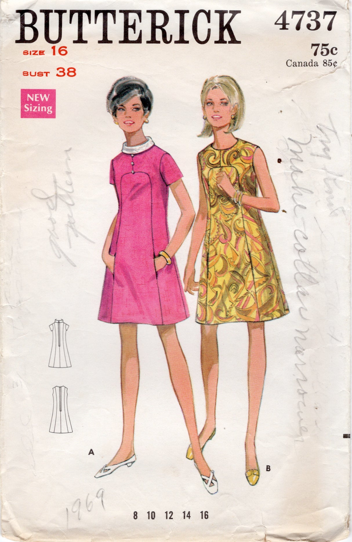1960's Butterick Mod Yoke One Piece Dress Pattern - Bust 38" - No. 4737