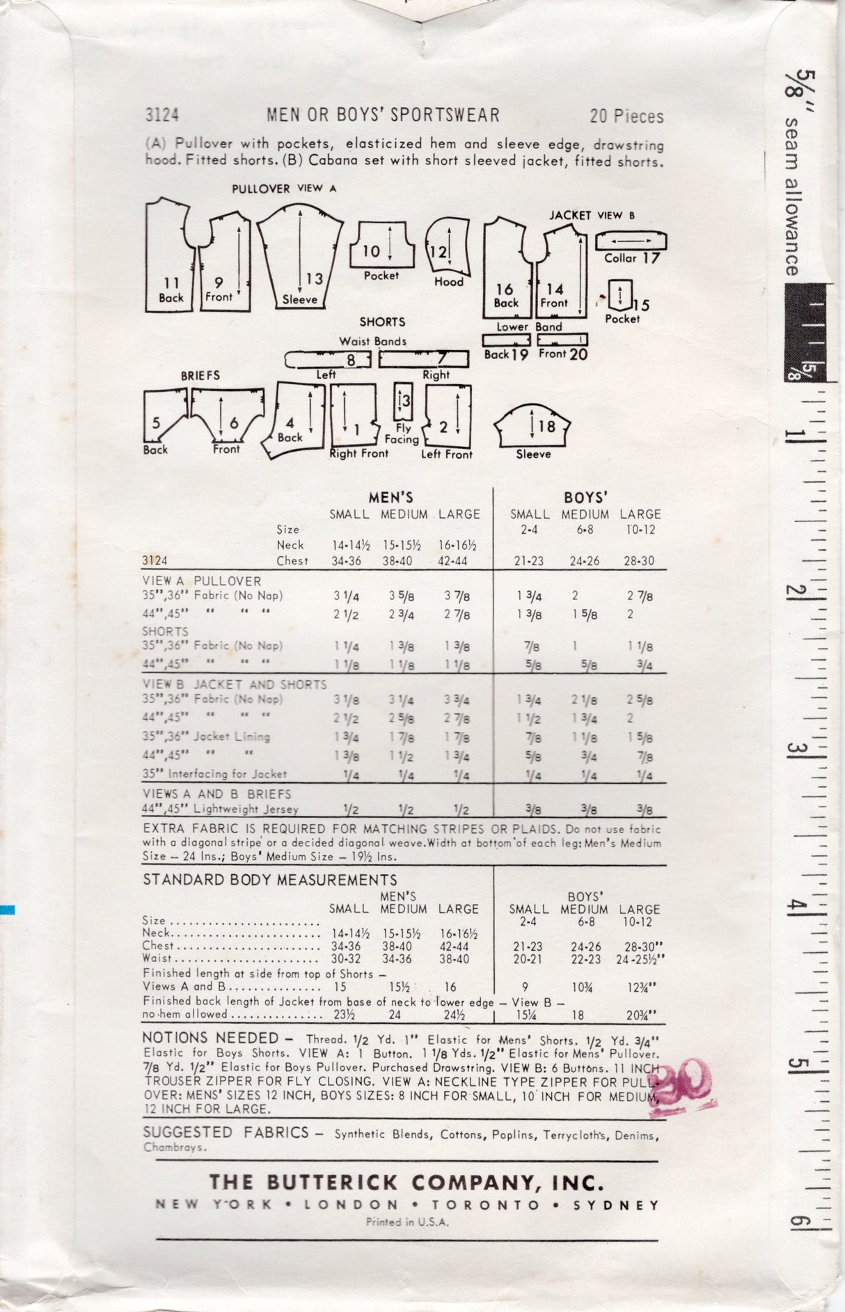 1960's Butterick Men's Sportswear Hoodie and Shorts pattern - Chest 38-40" - No. 3124