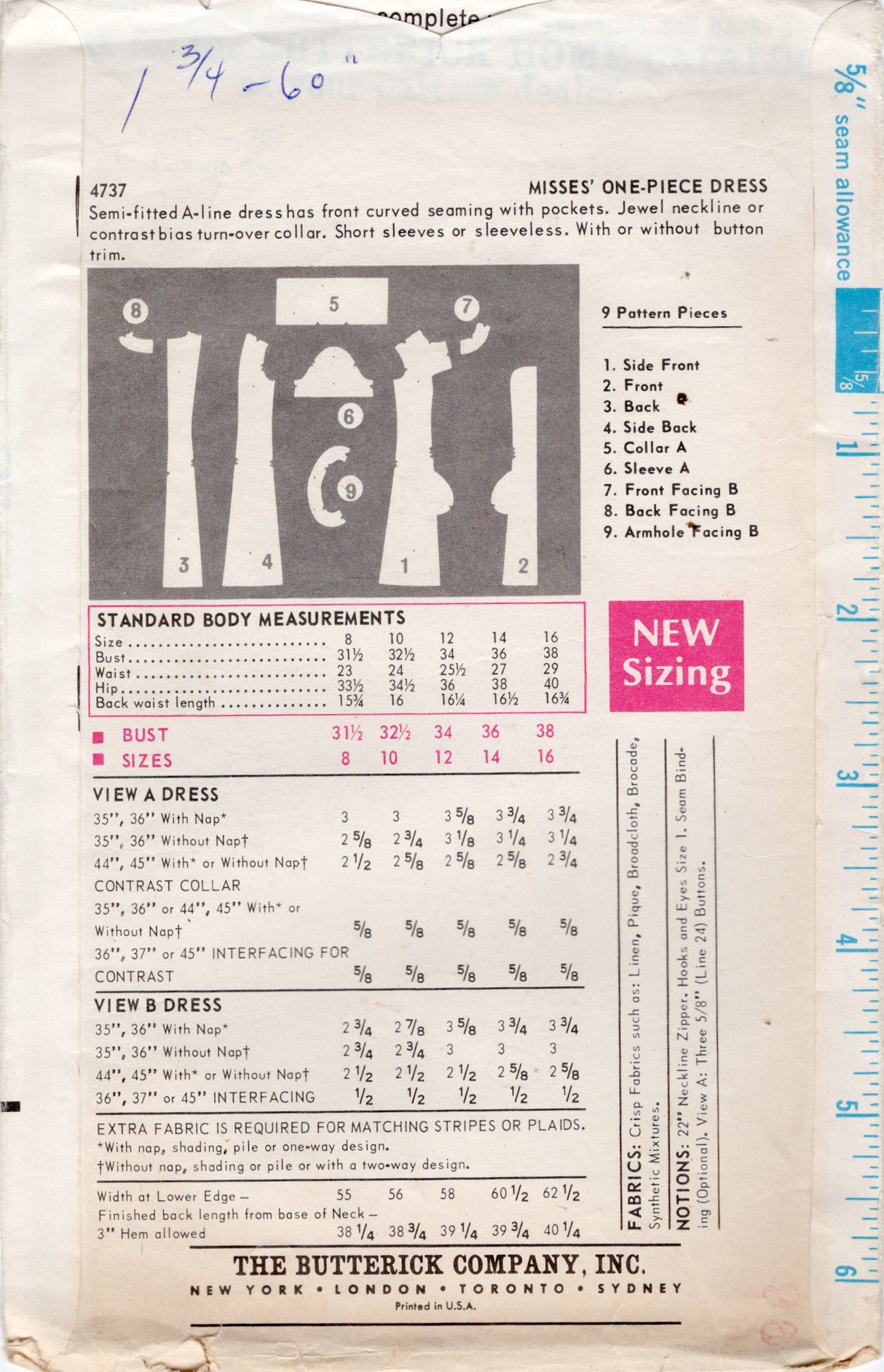 1960's Butterick Mod Yoke One Piece Dress Pattern - Bust 38" - No. 4737