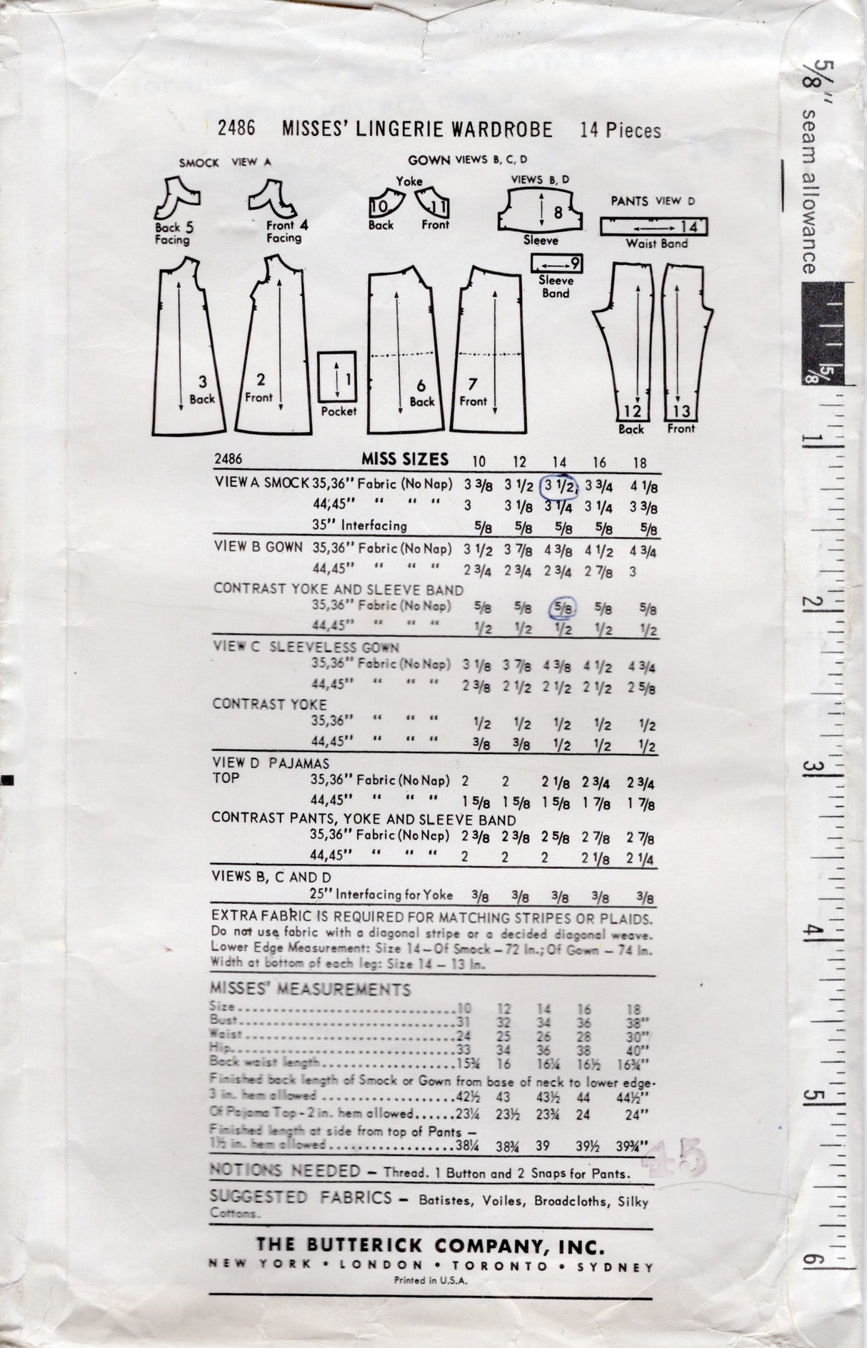 1960's Butterick Misses' Lingerie Wardrobe Pattern - Bust 34" - No. 2486
