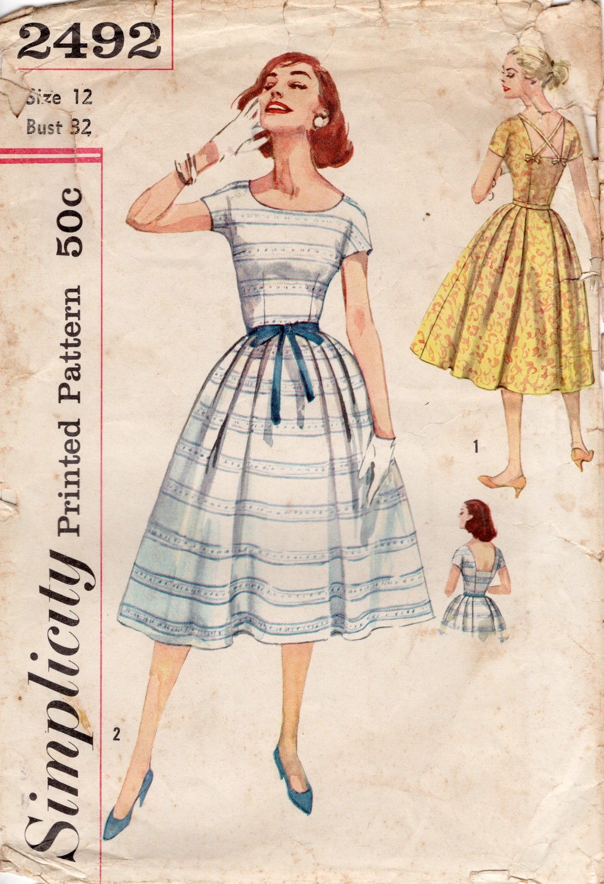 1950's Simplicity Boat Neckline Fit and Flare Dress Pattern with Low Square Back - Bust 32" - No. 2492