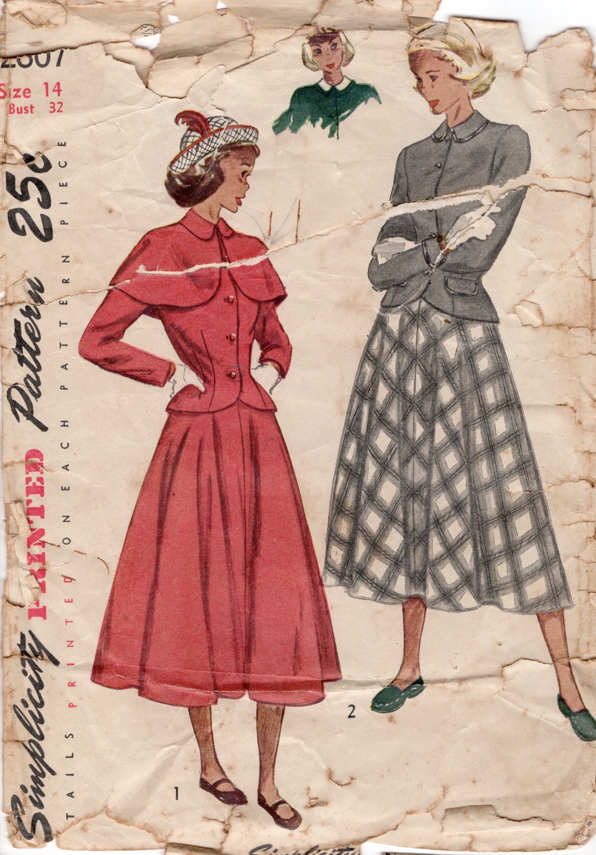 1940's Simplicity Two Piece Dress Pattern with Capelet - Bust 32" - No. 2607