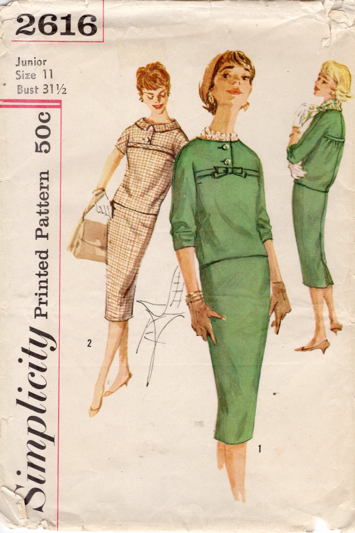 1950's Simplicity Sheath Two Piece Dress Pattern Bow Detail - Bust 31.5" - No. 2616