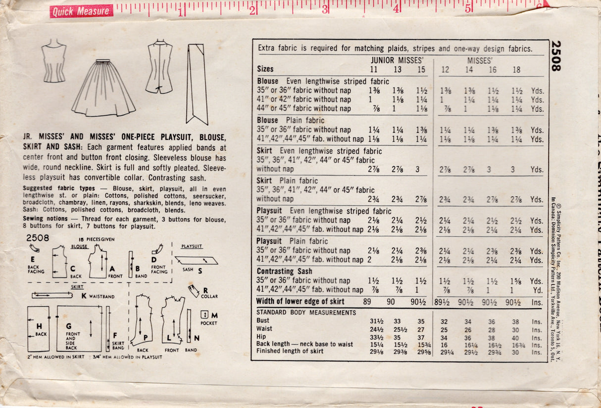 1950's Simplicity Playsuit, Blouse, Sash and Skirt pattern - Bust 32" - No. 2508