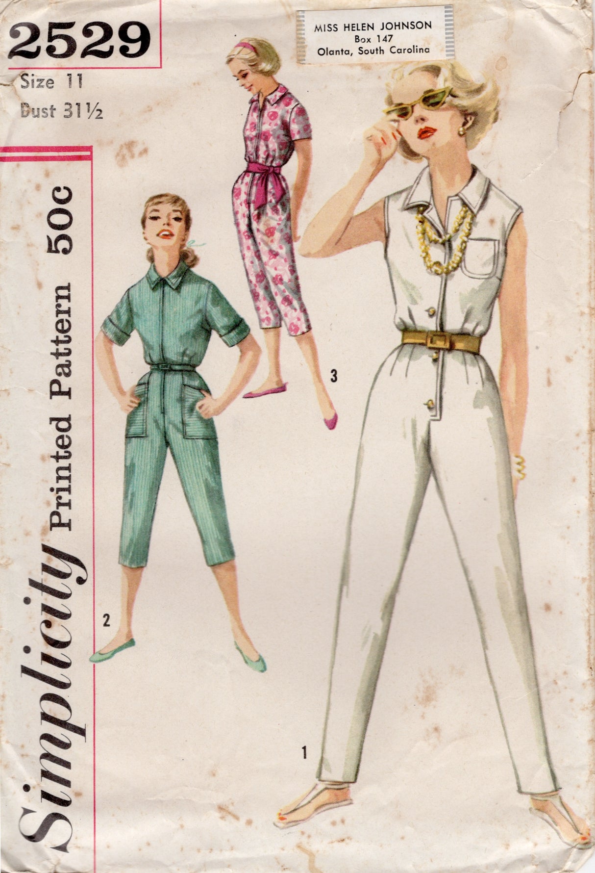 1950's Simplicity Coverall Jumpsuit Pattern – Bust 31.5” - No. 2529