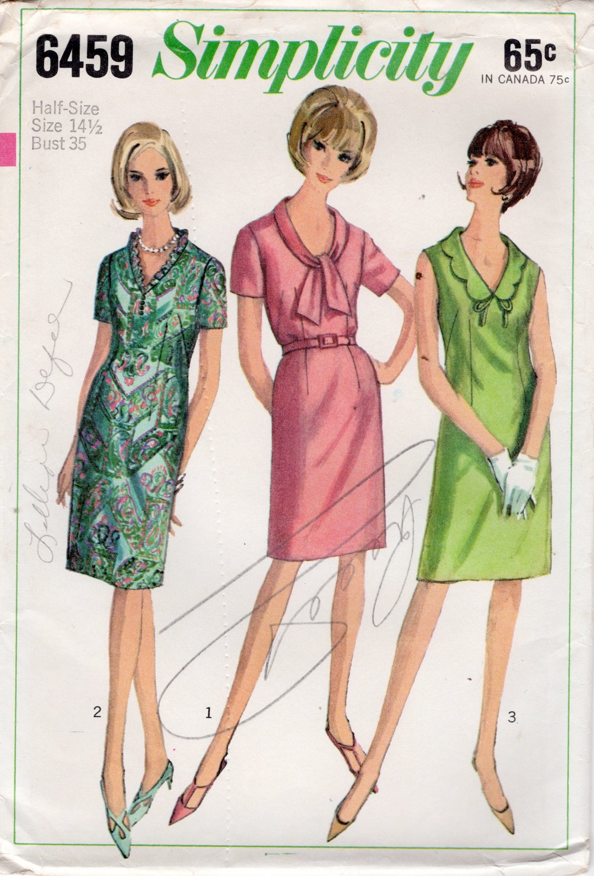 1960's Simplicity One Piece Dress in Three Styles - Bust 35" - No. 6459