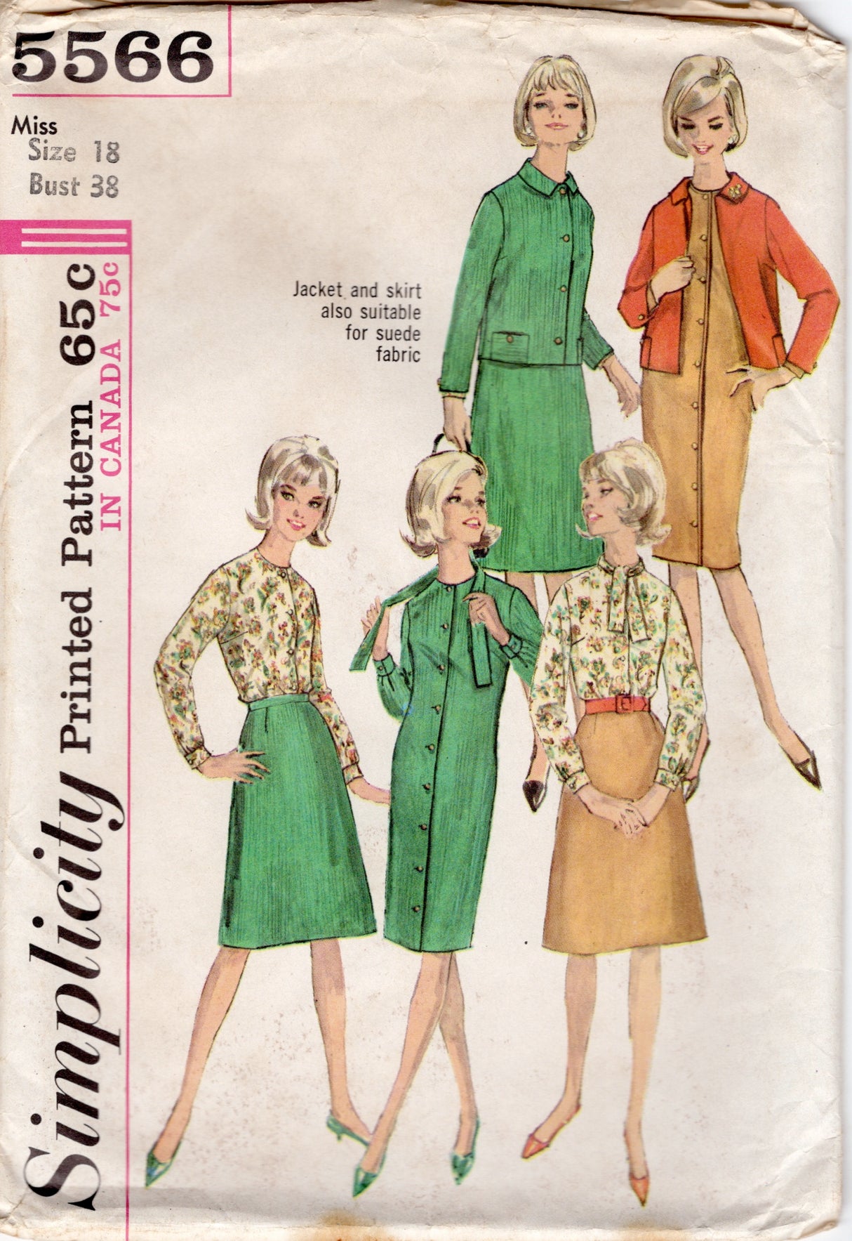1960's Simplicity Button Up Dress, Blouse, Skirt and Jacket - Bust 38" - No. 5566