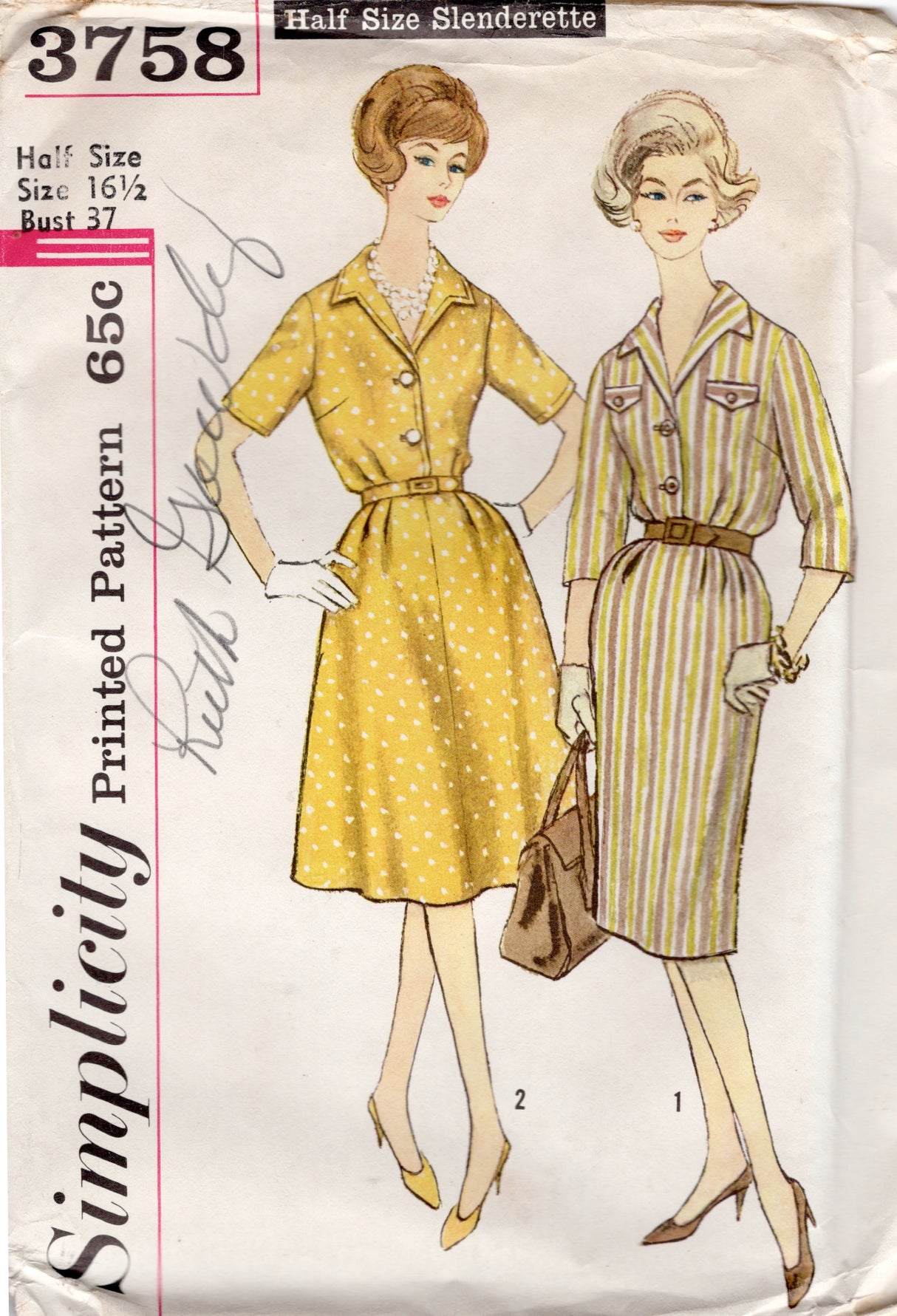 1960's Simplicity Shirtwaist Dress with Slim or A-Line skirt - Bust 37" - No. 3758