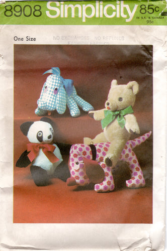 1970's Simplicity Panda, Dog, and Teddy Bear Stuffed Animal Pattern - No. 8908