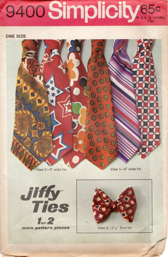 1970's Simplicity Men's Accessory Pattern: Skinny and Wide Ties and Bow Tie Pattern - One Size - No. 9400