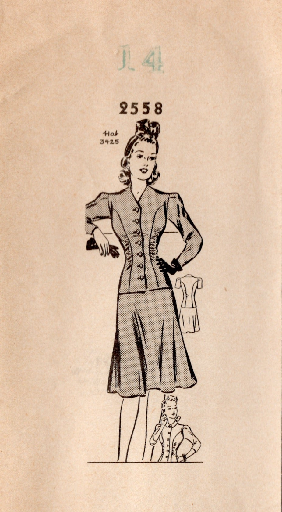 1940's Mail Order Two Piece Dress Pattern with Gathered Side Panels - Bust 32" - No. 2558
