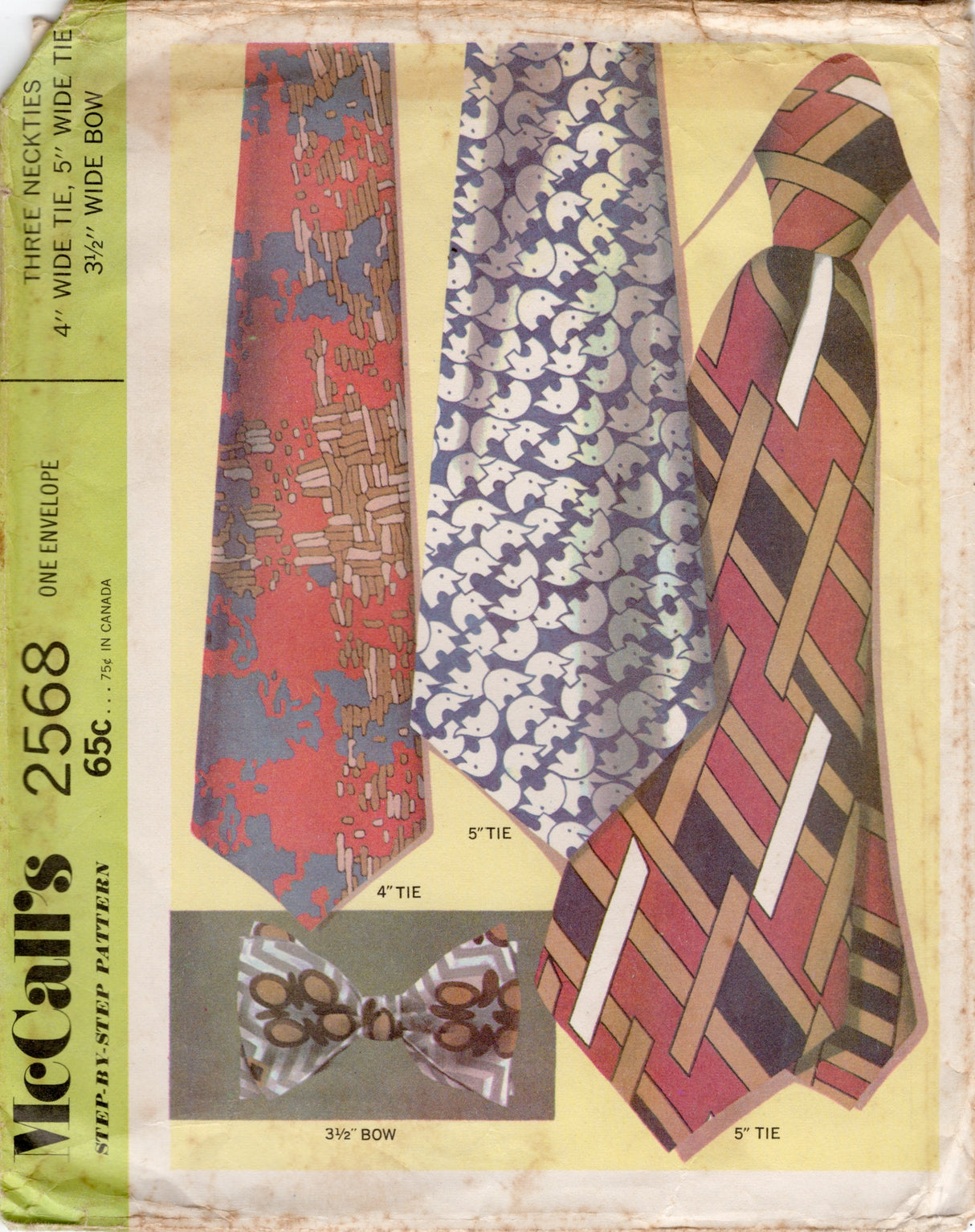 1970's McCall's Men's Accessory Pattern: 4" and 5" Wide Ties and Bow Tie Pattern - One Size - No. 2568