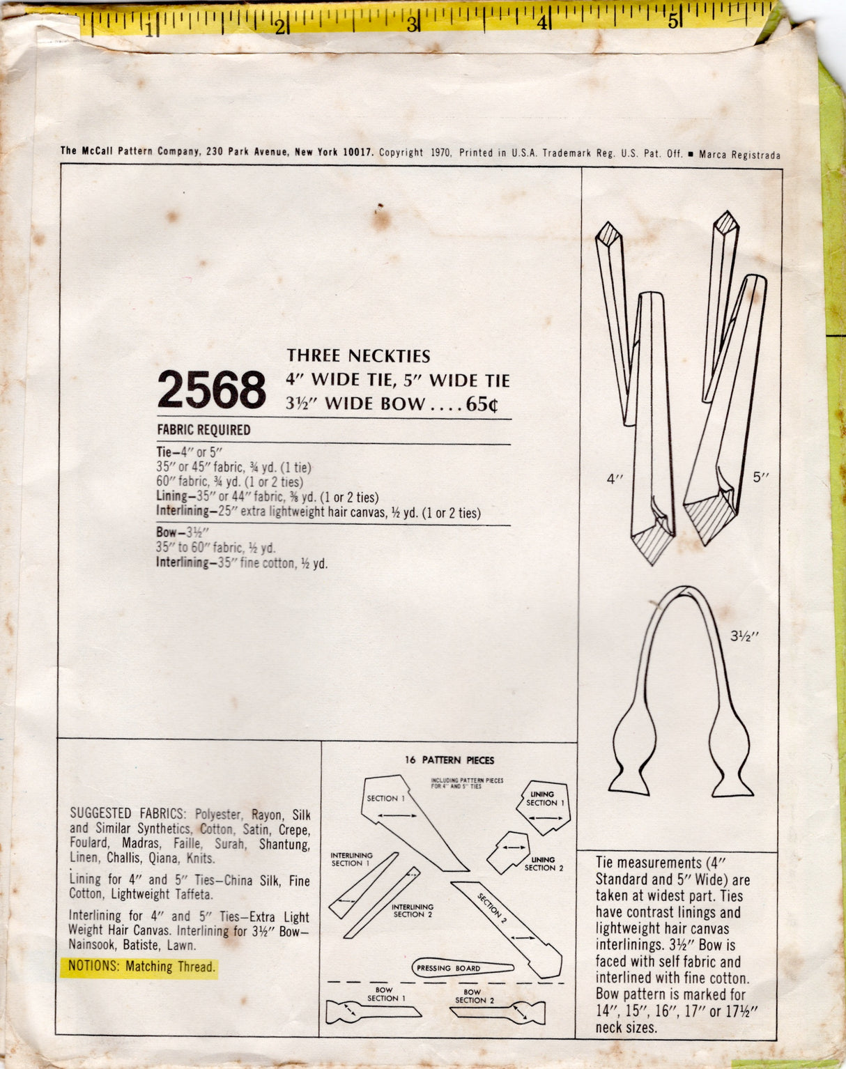 1970's McCall's Men's Accessory Pattern: 4" and 5" Wide Ties and Bow Tie Pattern - One Size - No. 2568