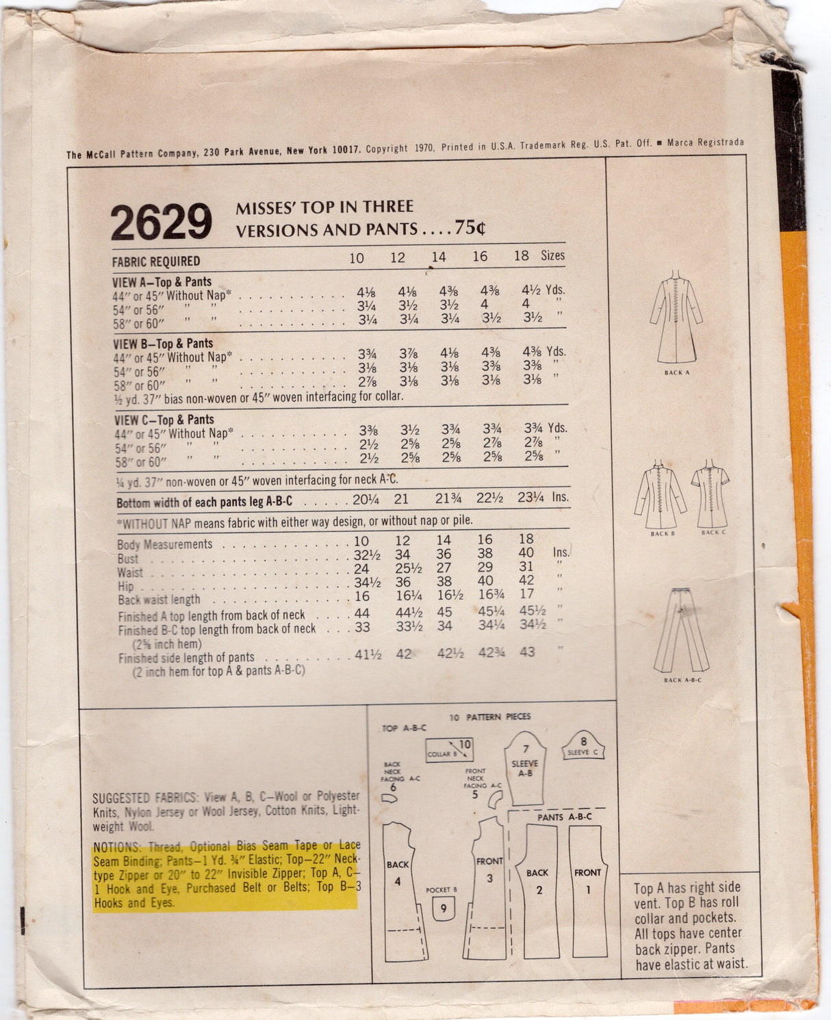 1970's McCall's Tunic or Top Pattern in 3 lengths and High Waisted Pants Pattern - Bust 40" - No. 2629