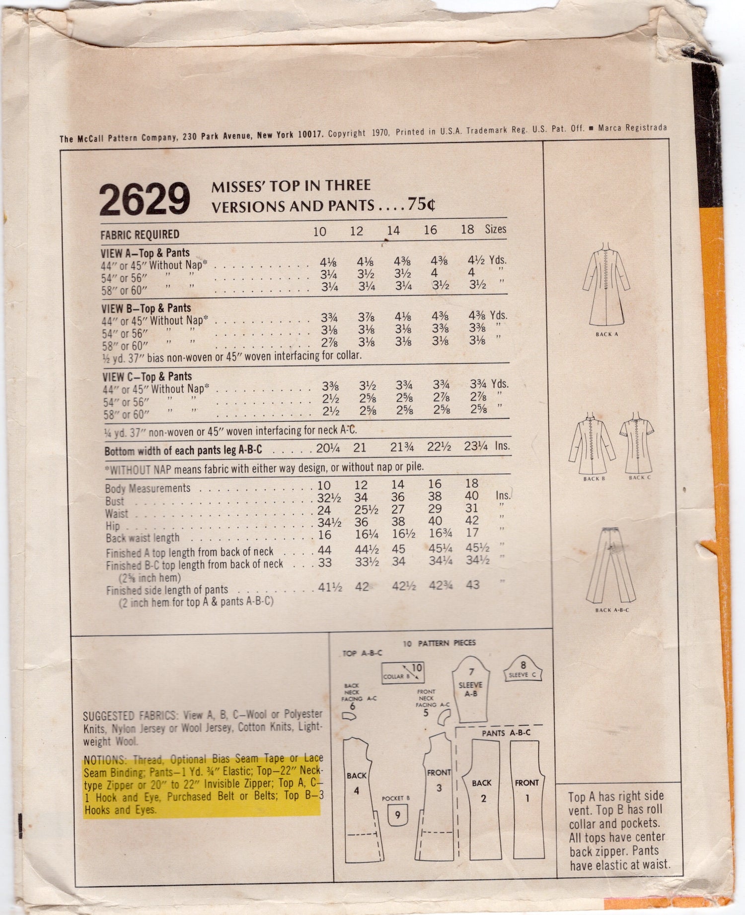 1970's McCall's Tunic or Top Pattern in 3 lengths and High Waisted Pants Pattern - Bust 40" - No. 2629