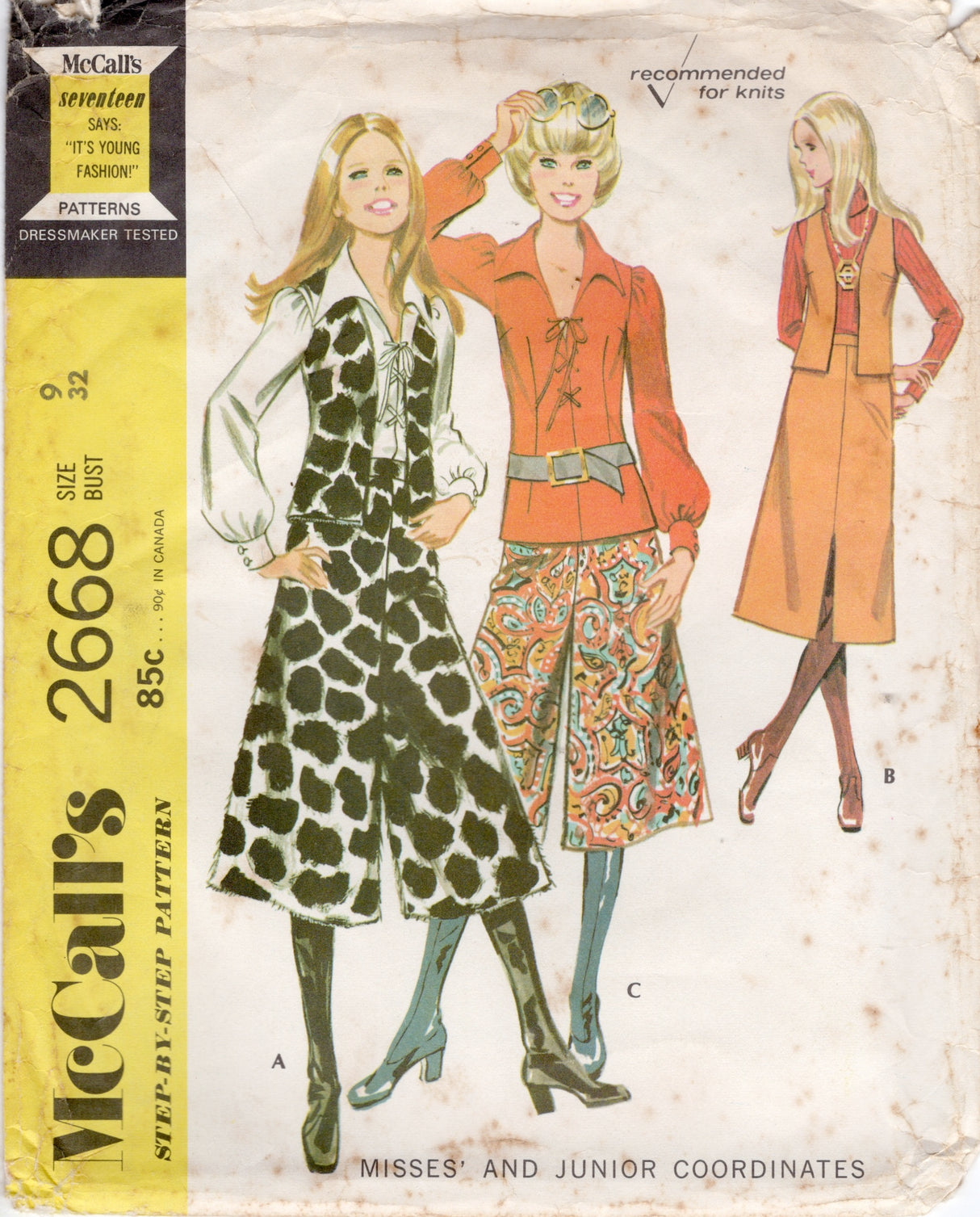 1970's McCall's Lace Up Blouse, Vest, Gaucho Pants and A Line Skirt Pattern - Bust 32" - No. 2668