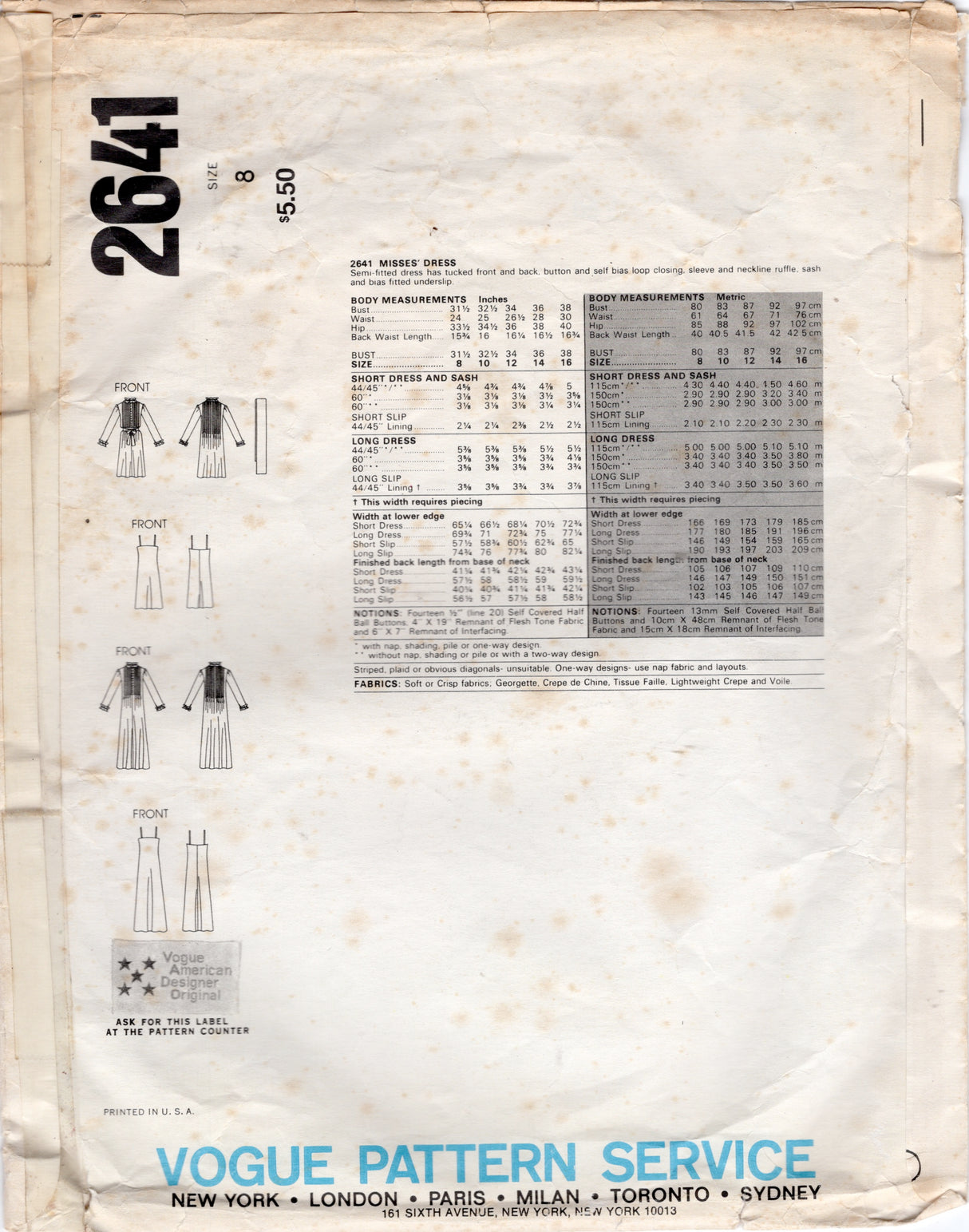 1980's Vogue American Designer Pin Tucked Dress and Bias Cut Slip Pattern in two lengths - Albert Nipon - Bust 31.5" - No. 2641