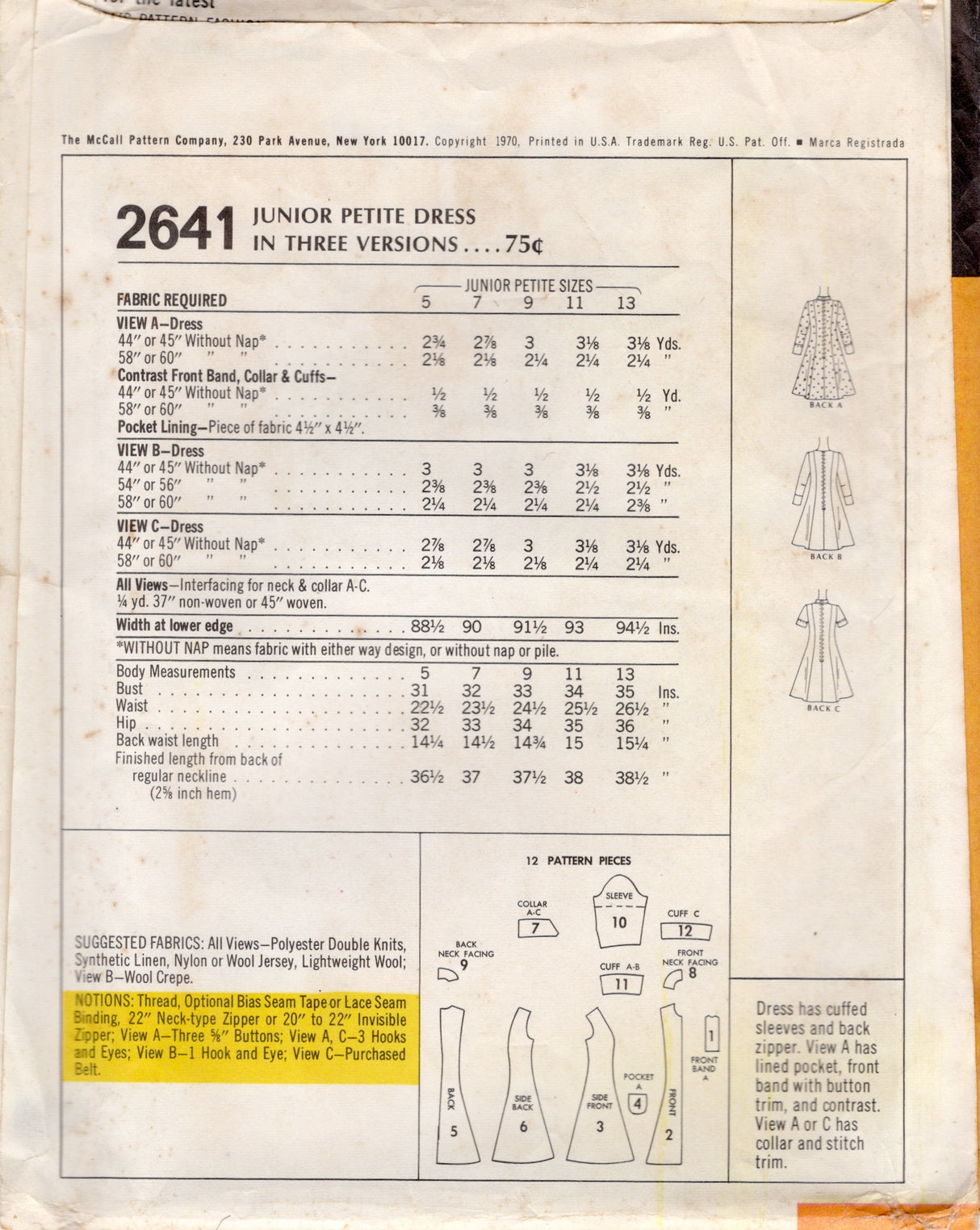 1970's McCall's Princess Line Dress Pattern - Bust 33" - No. 2641