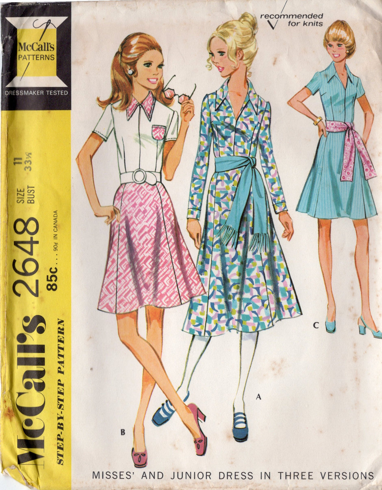 1970's McCall's Junior's Dress in Three Styles - Bust 33.5" - No. 2648