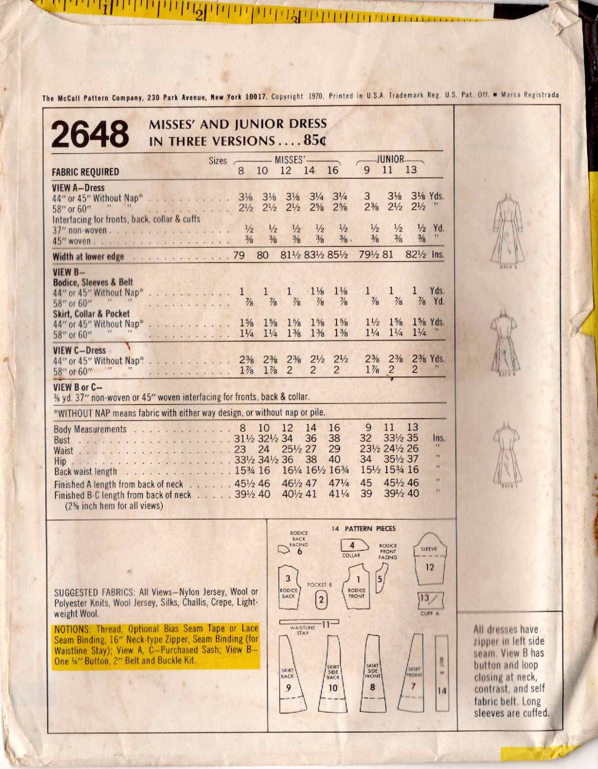 1970's McCall's Junior's Dress in Three Styles - Bust 33.5" - No. 2648