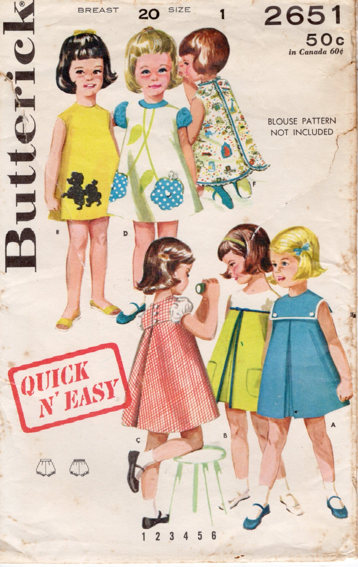 1960's Butterick Child's Back Buttoned Smock and Bloomers Pattern - Chest 20" - No. 2651
