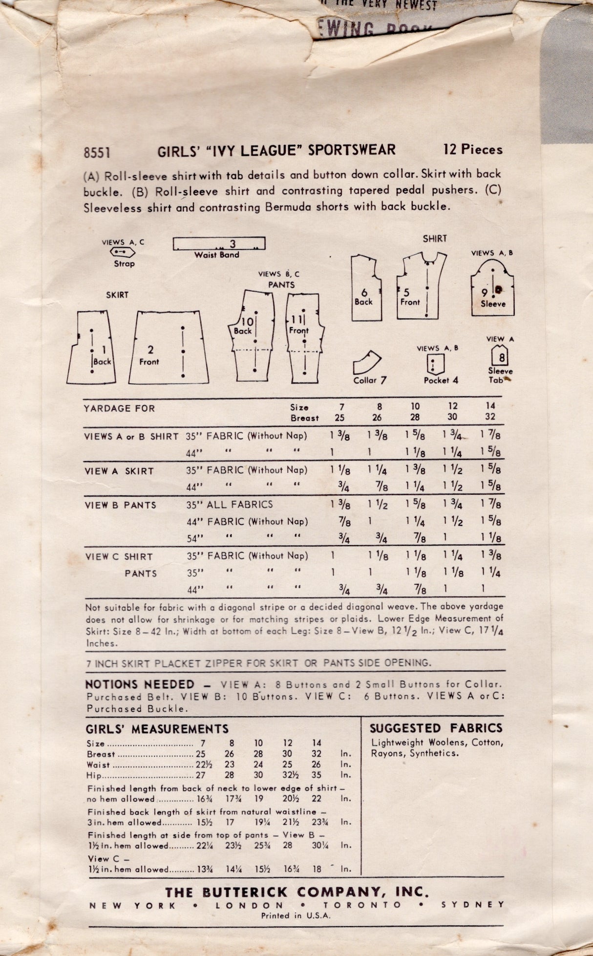 1950's Butterick Child's "Ivy League" Sportswear Pattern with Button Up Blouse, Pedal Pushers and Slim Skirt - Chest 28" - No. 8551