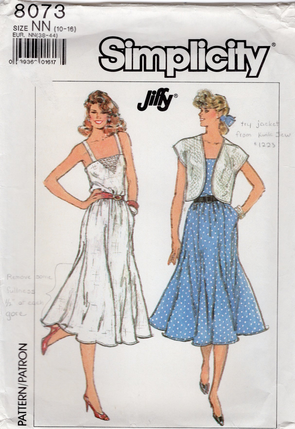 1980’s Simplicity Thin Strap Dress and Unlined Jacket pattern - Bust 32.5-38" - No. 8073