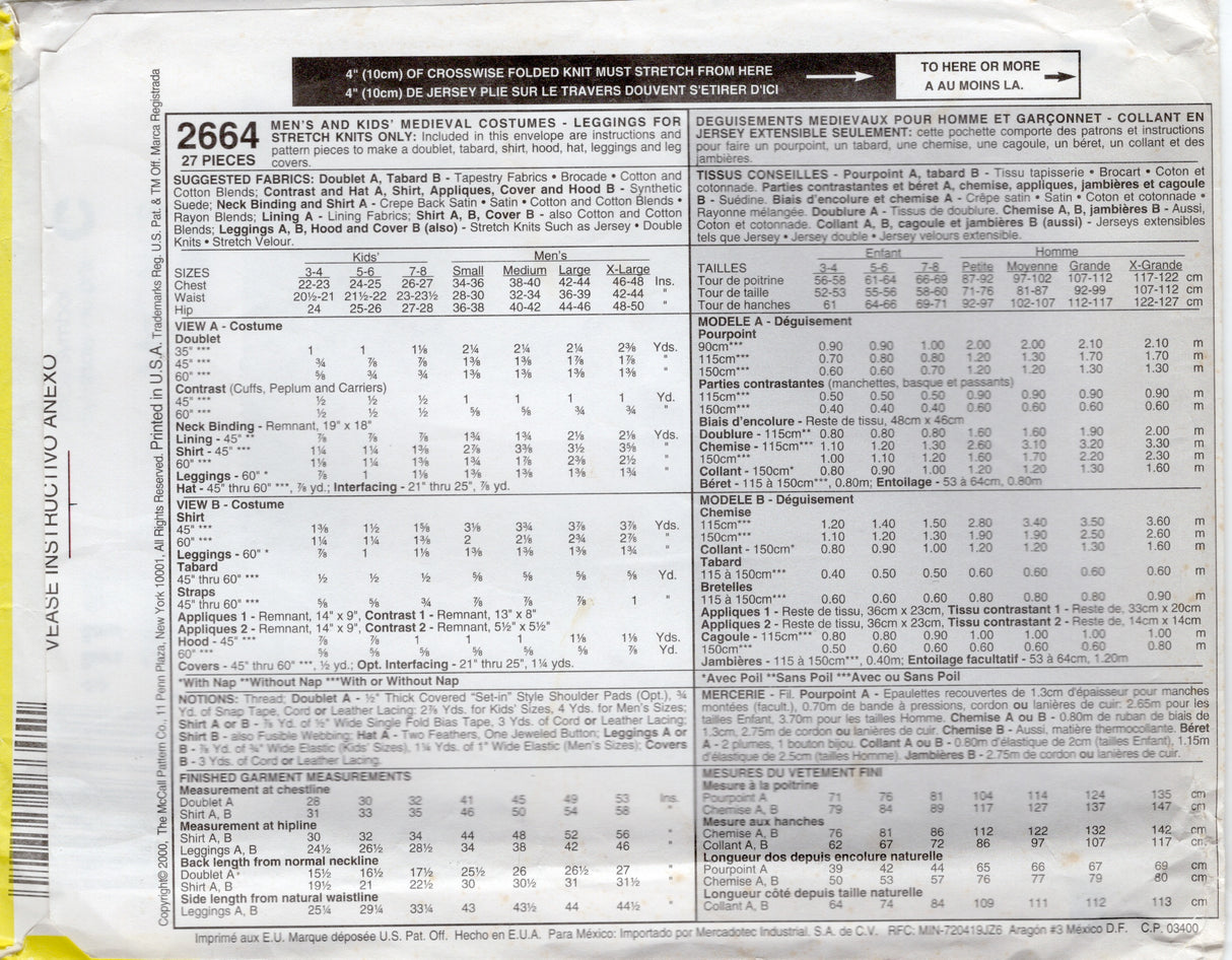 2000's McCall's Adult Knight, Squire and Nobleman Costume includes Shirt, Doublet, Tabard, Leggings and Hat Pattern - Chest 38-40" - No. 2664