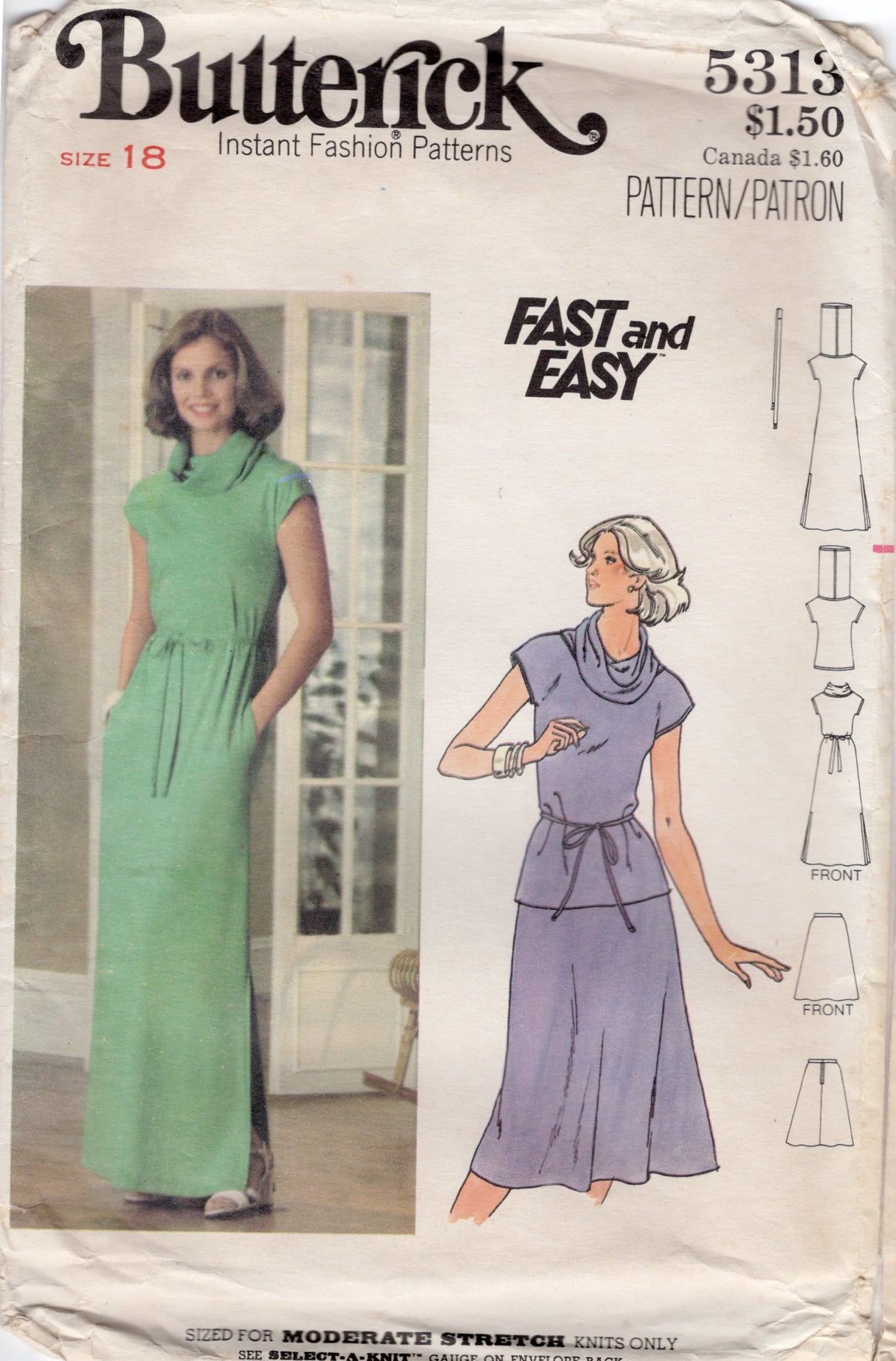 1970's Butterick Pullover Top or Dress with Cowl Collar and Pants Pattern - Bust 40" - No. 5313