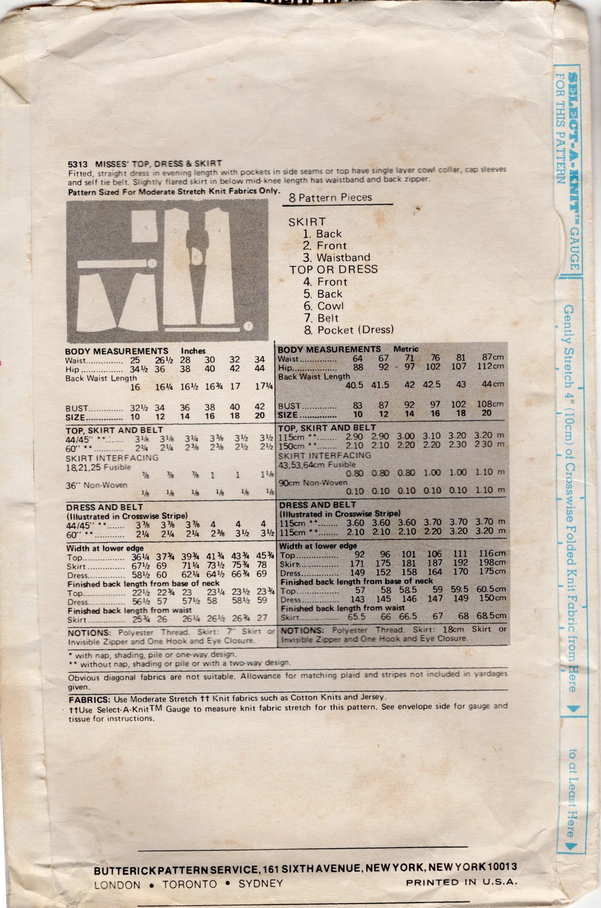 1970's Butterick Pullover Top or Dress with Cowl Collar and Pants Pattern - Bust 40" - No. 5313