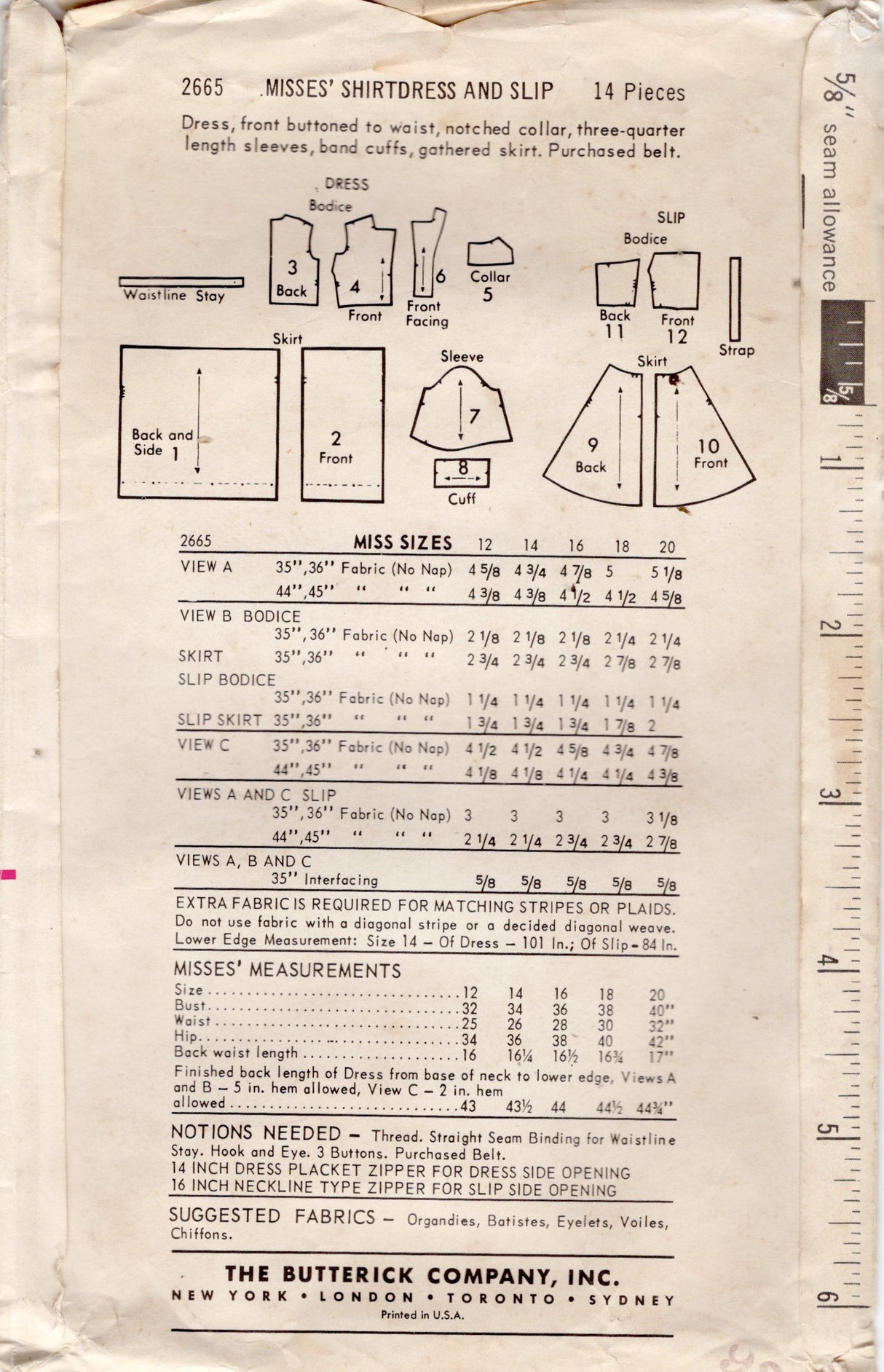 1960's Butterick Shirtwaist Dress and Slip Pattern - Bust 36" - No. 2665