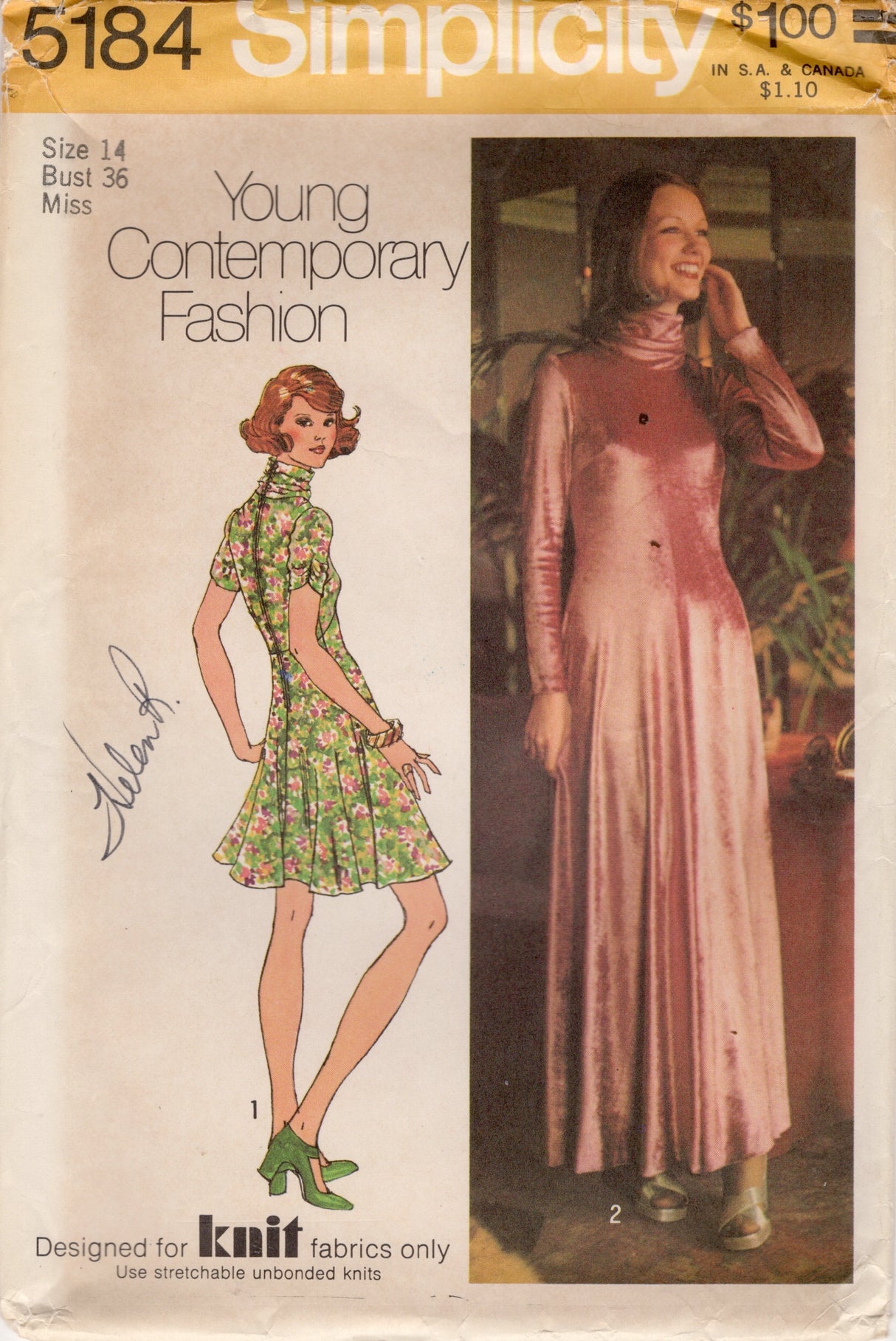 1970's Simplicity Mini or Maxi Dress Pattern with Cowl Stand Up Collar - Bust 36" - No. 5184