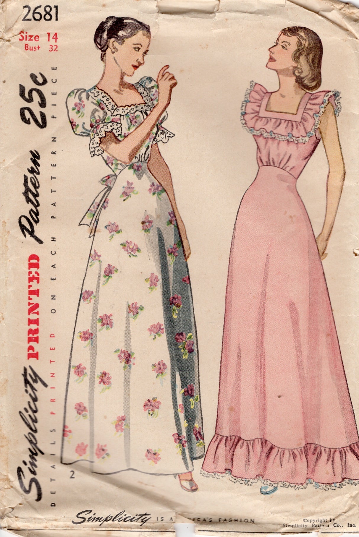 1940's Simplicity Bias Skirt Nightgown Pattern with Puff Sleeves and optional Ruffle - Bust 32" - No. 2681